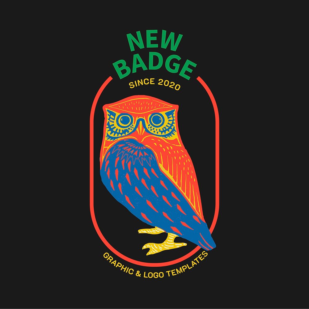 Colorful retro owl badge linocut vector editable template