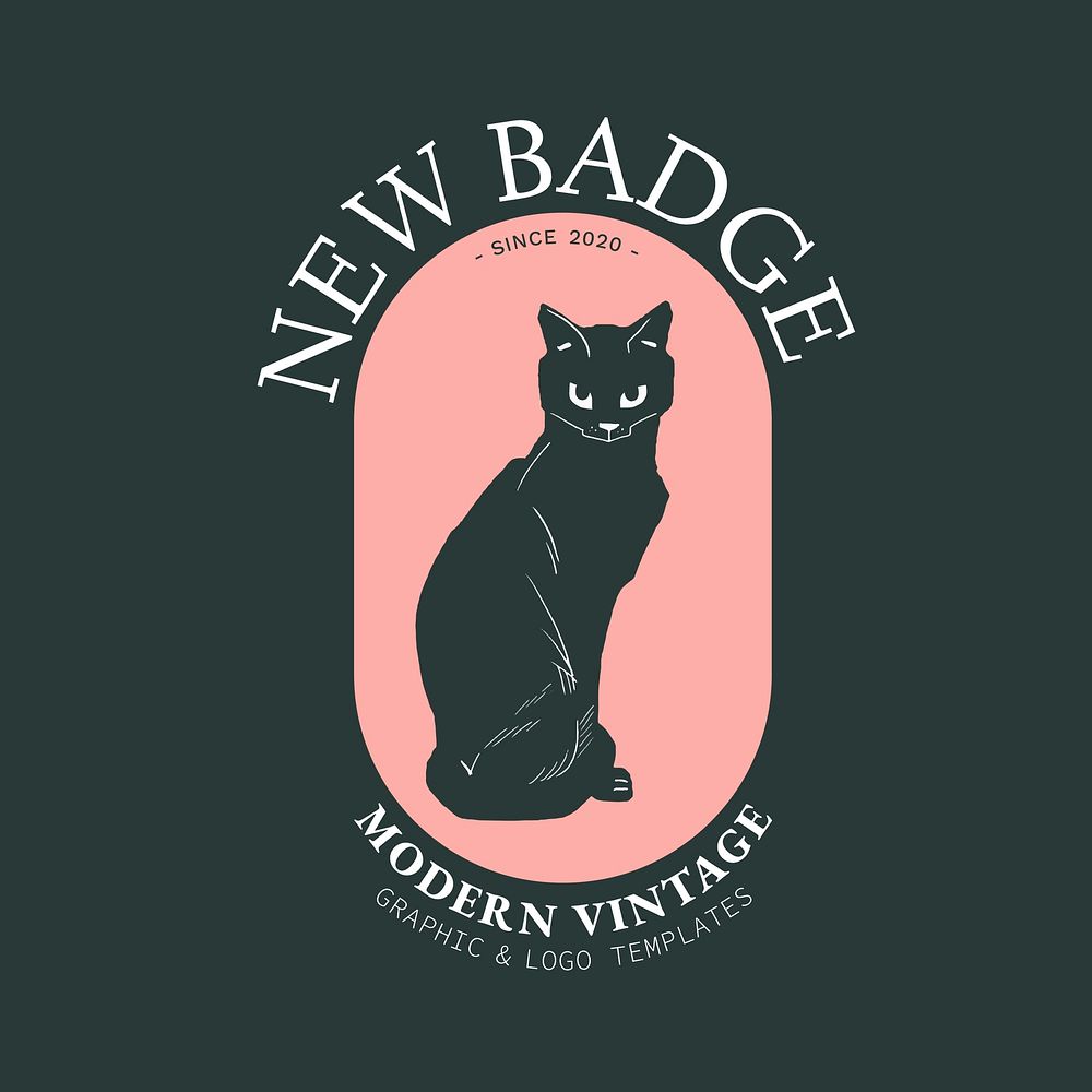 Vector black cat badge linocut editable template