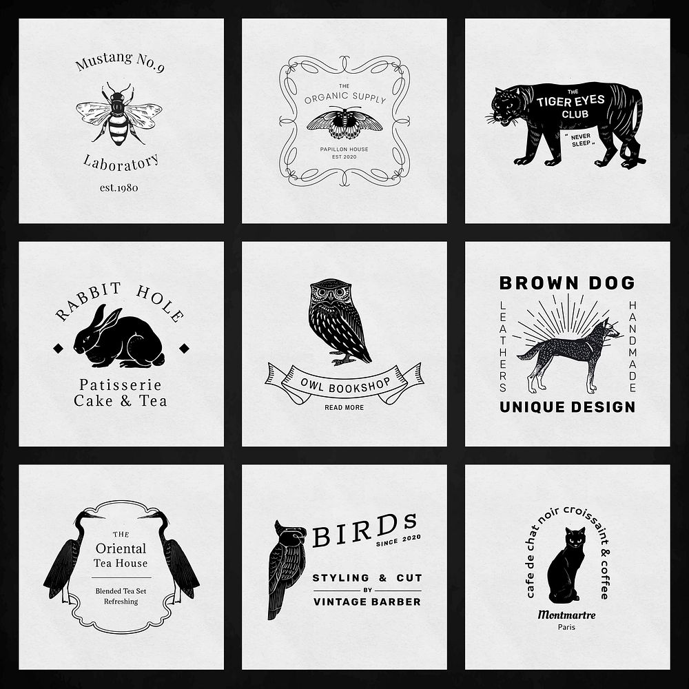 Vintage animal logo linocut vector set editable template