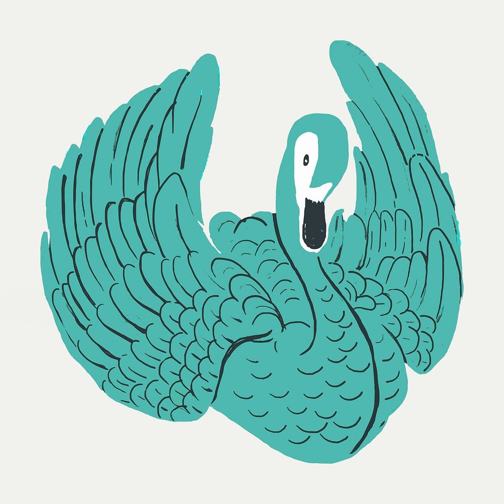 Turquoise swan vector bird vintage linocut