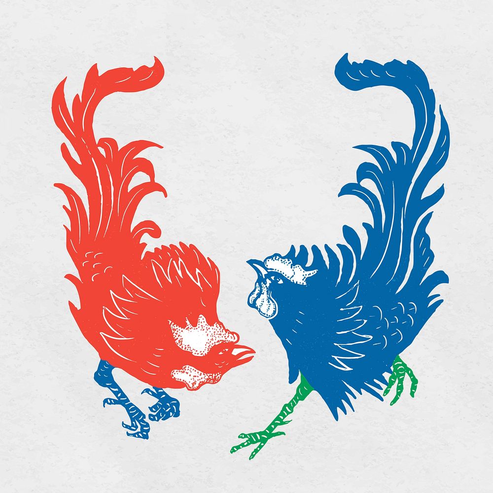 Vintage roosters vector linocut animal clipart collection