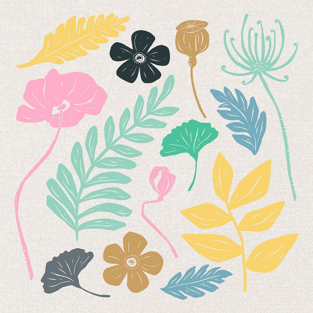 Vintage blooming flowers vector linocut style illustration set