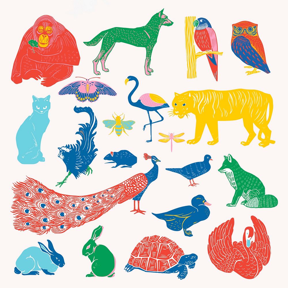 Vintage wild animals vector illustration set