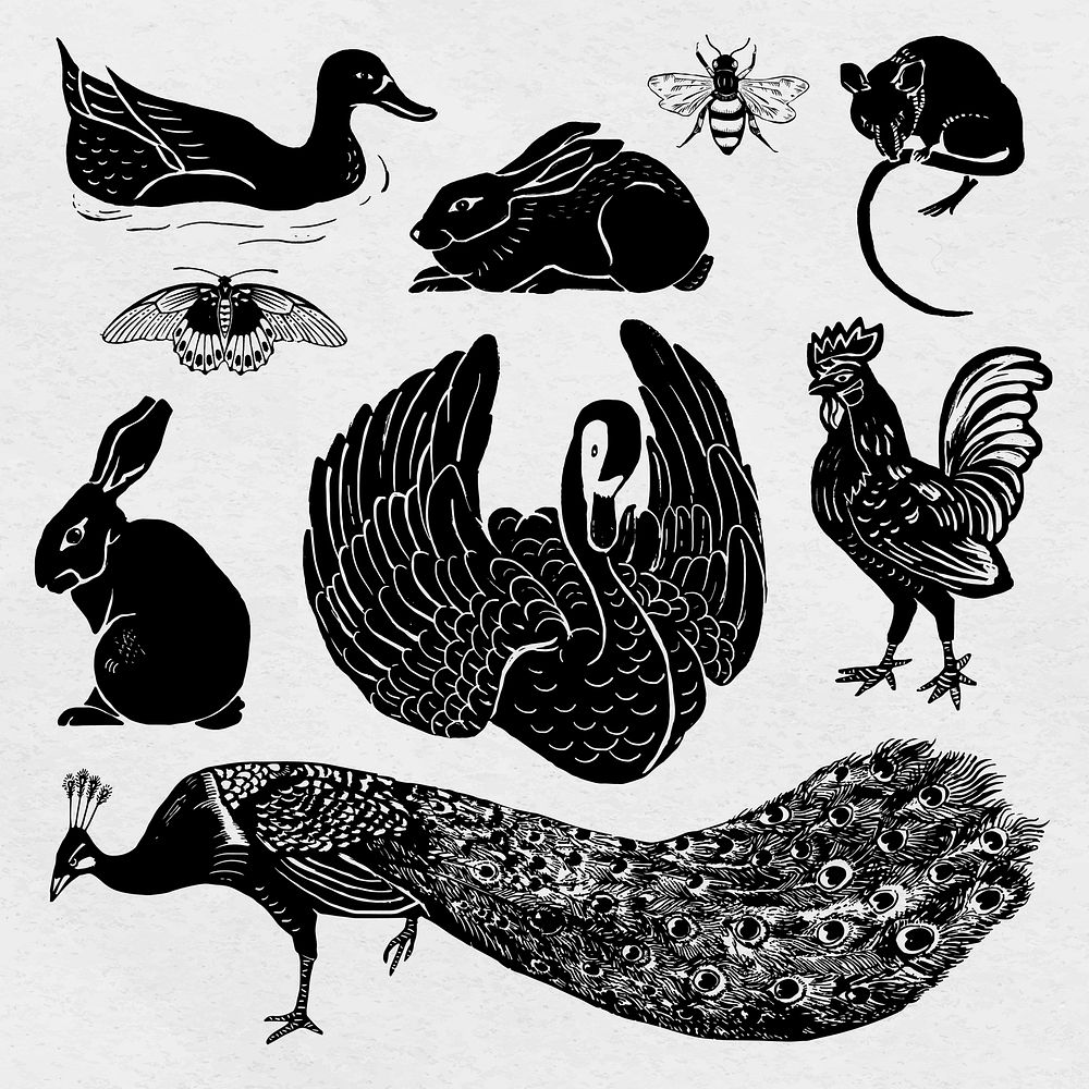 Birds vector black linocut stencil pattern drawing collection