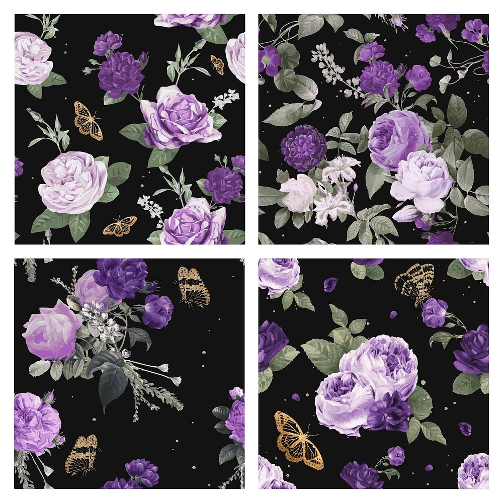 Floral purple peony vector pattern vintage illustration set