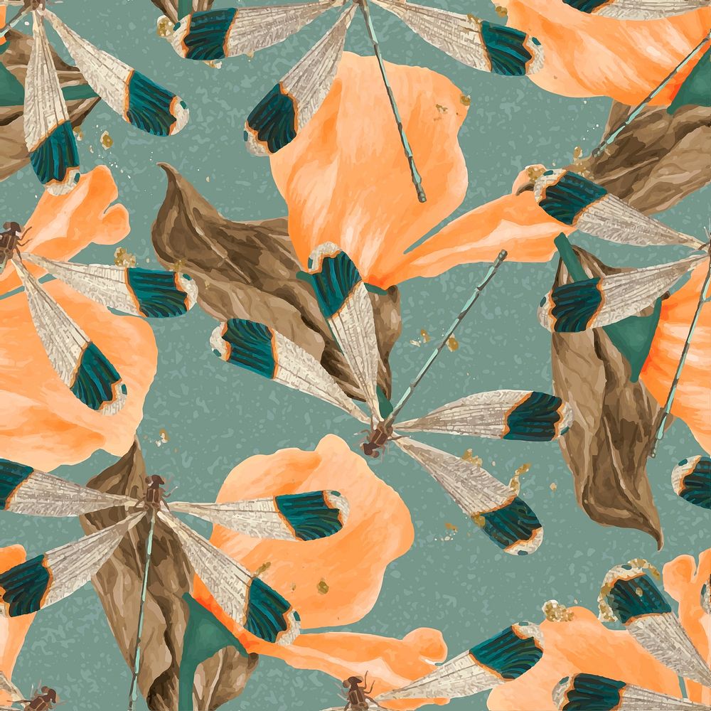 Seamless dragonfly vector leaf pattern, vintage remix from The Naturalist's Miscellany by George Shaw