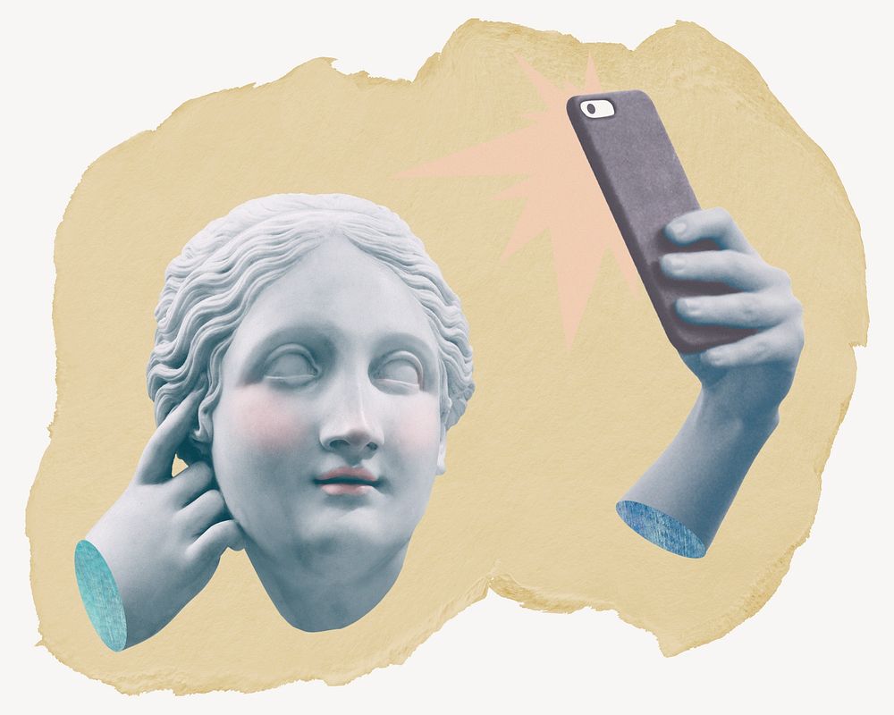 Greek goddess taking selfie, ripped paper collage element