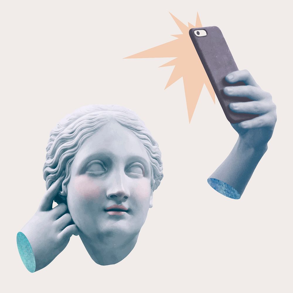 Greek selfie goddess statue vector social media addiction mixed media