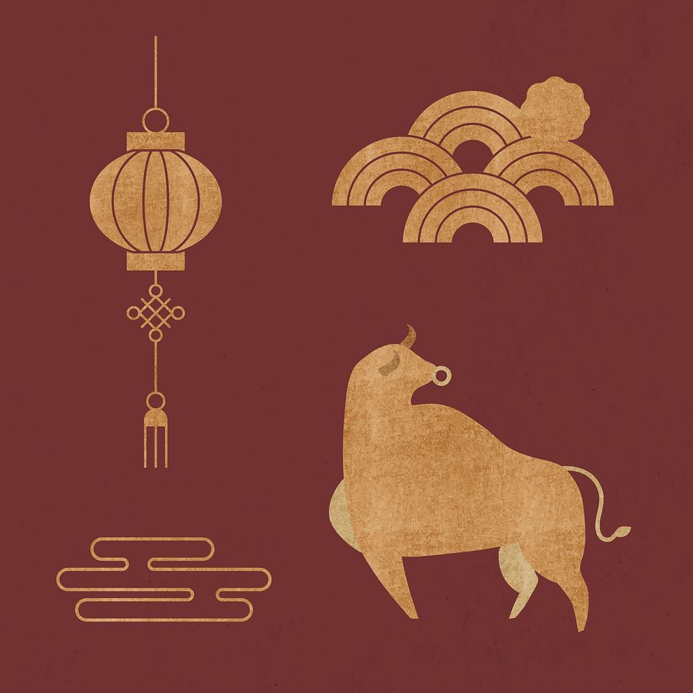 Chinese Ox Year gold vector design elements set