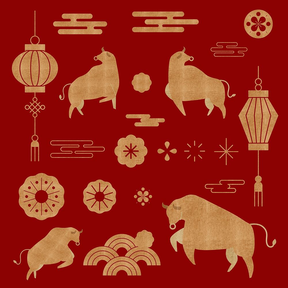 Chinese Ox Year golden vector design elements set
