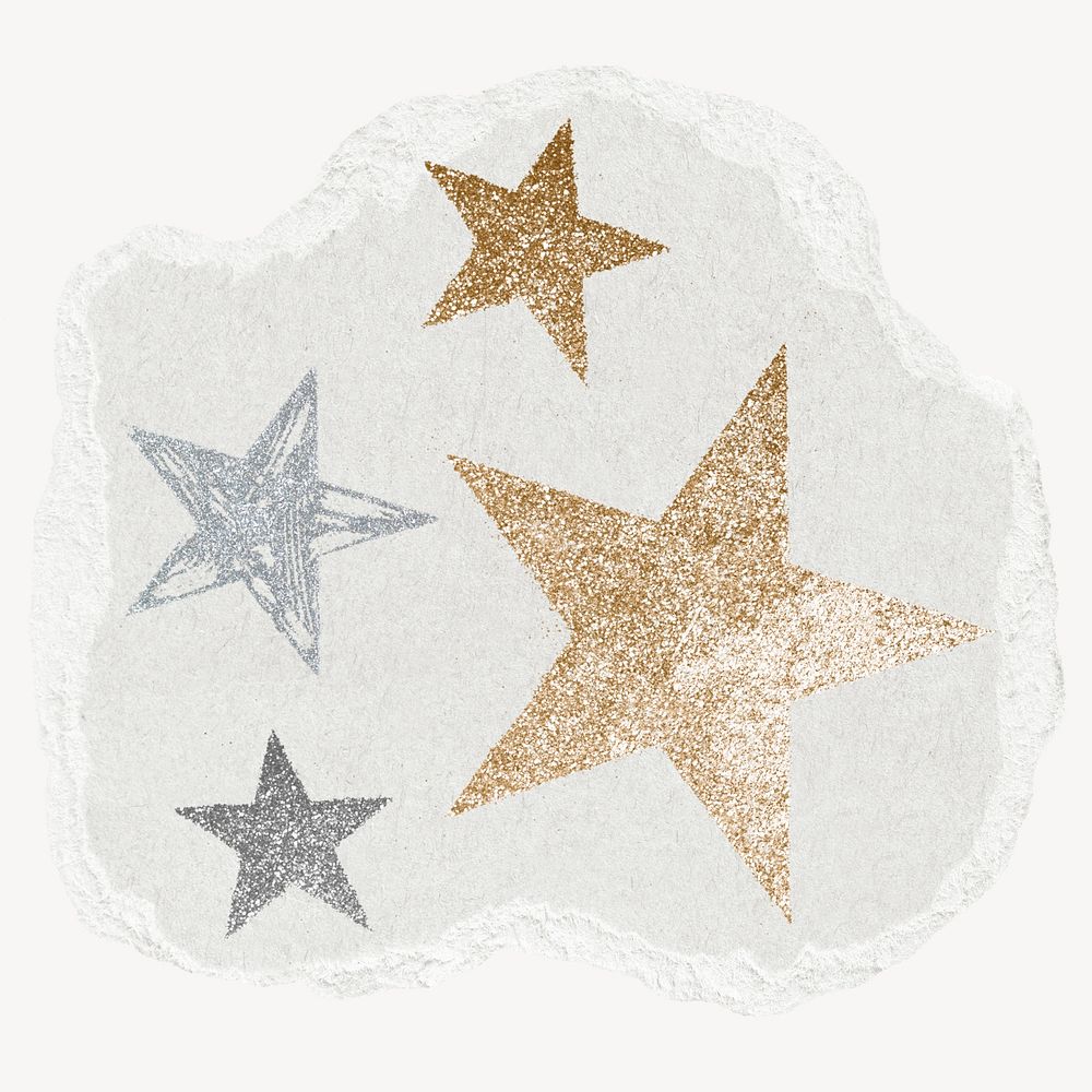 Glitter stars, ripped paper collage element