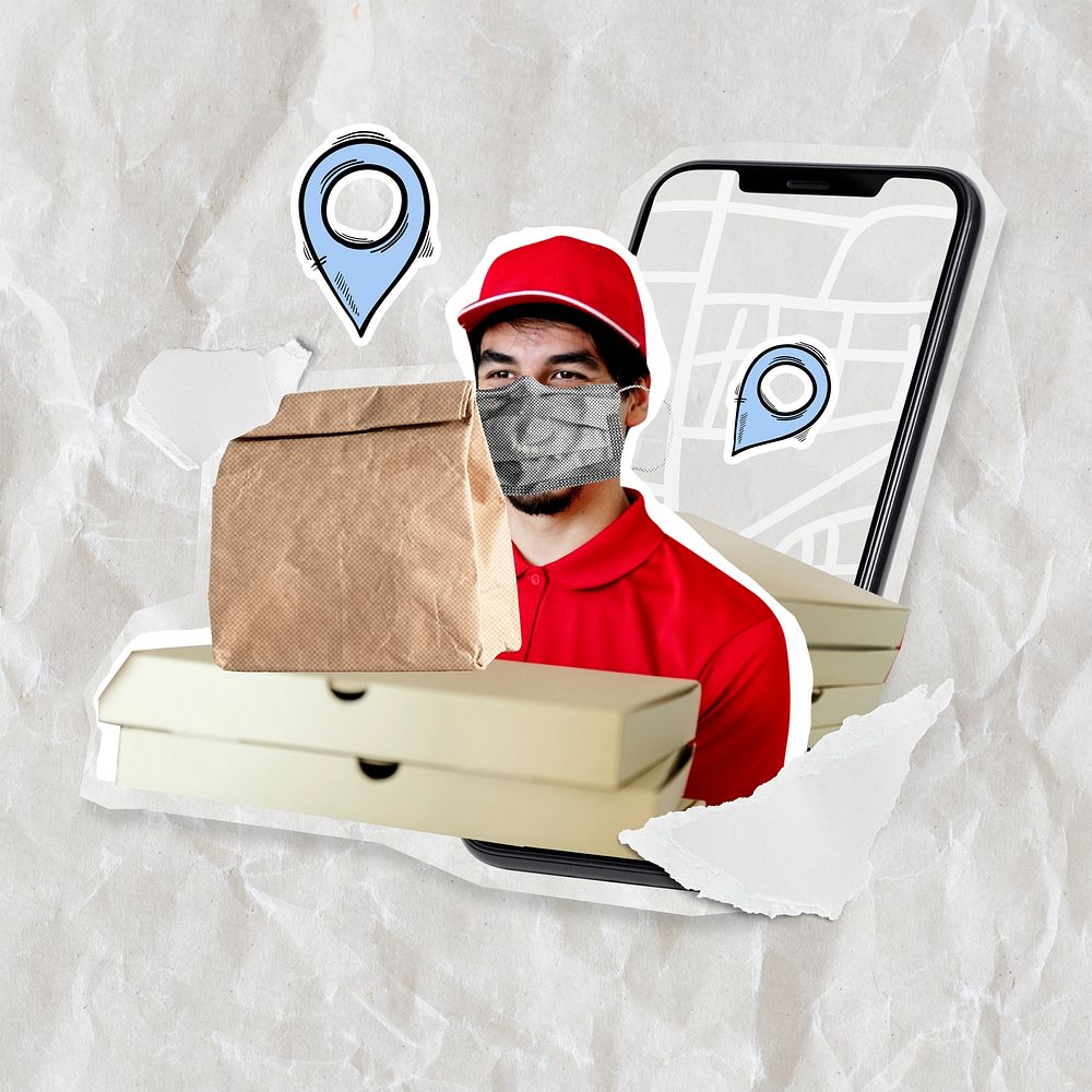 Delivery man delivering pizza psd online food service