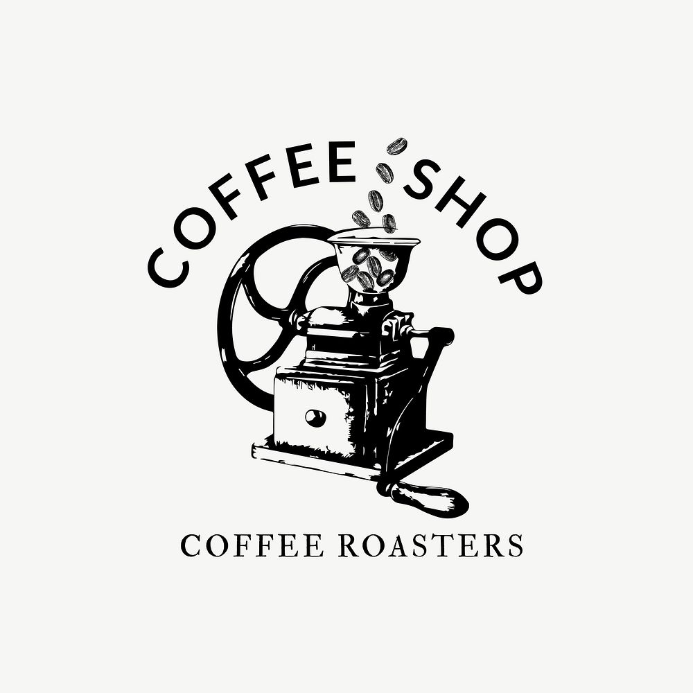 Editable coffee shop logo vector business corporate identity with text and retro manual coffee grinder