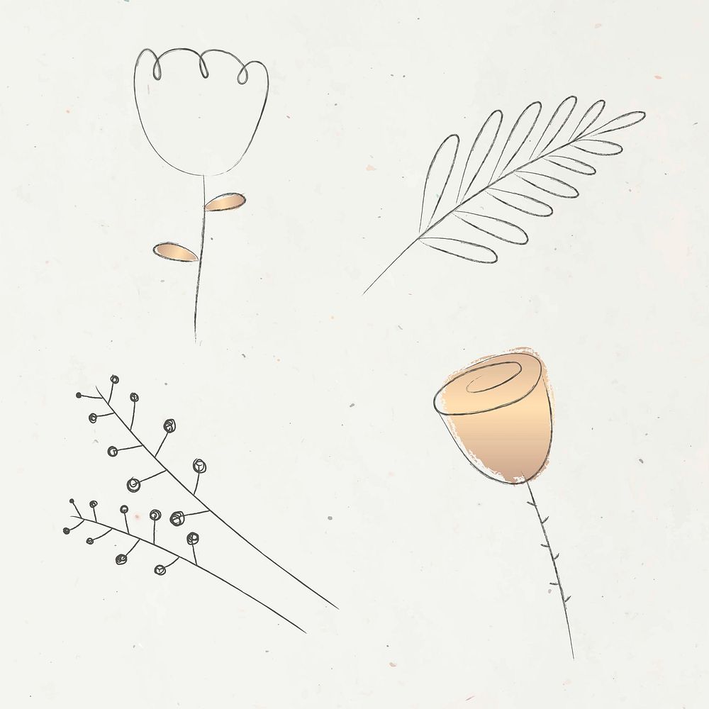 Aesthetic doodle flower set vector on beige background