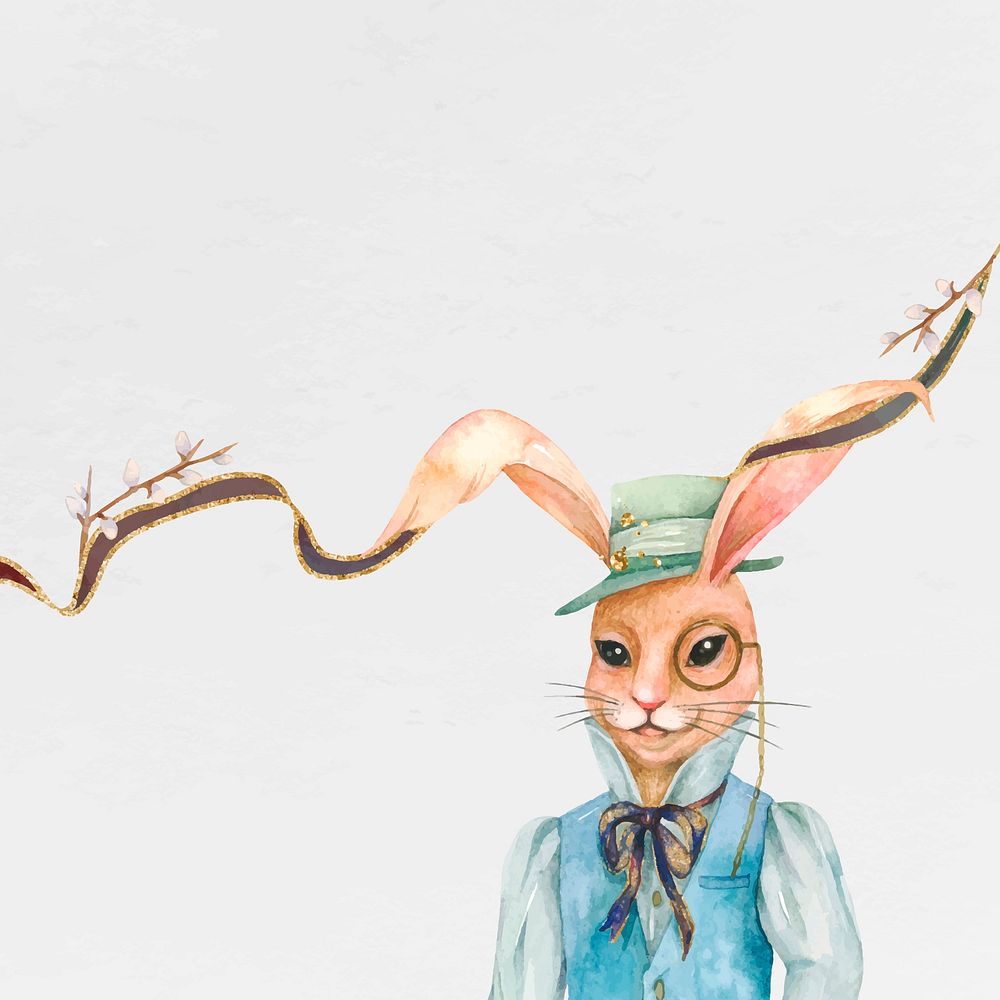 Easter bunny background vector dressed in vintage vest watercolor illustration