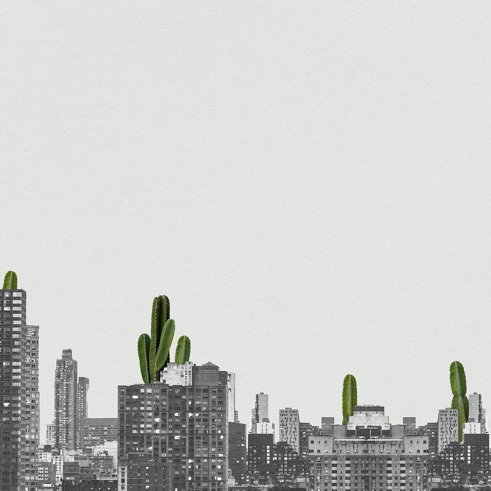 Creative background psd of grayscale cityscape and cacti remixed media design space