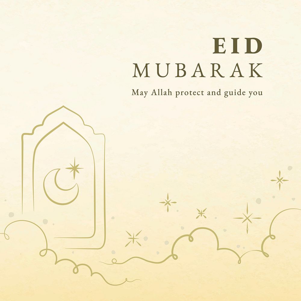 Eid mubarak editable template vector for social media post with crescent moon on yellow background