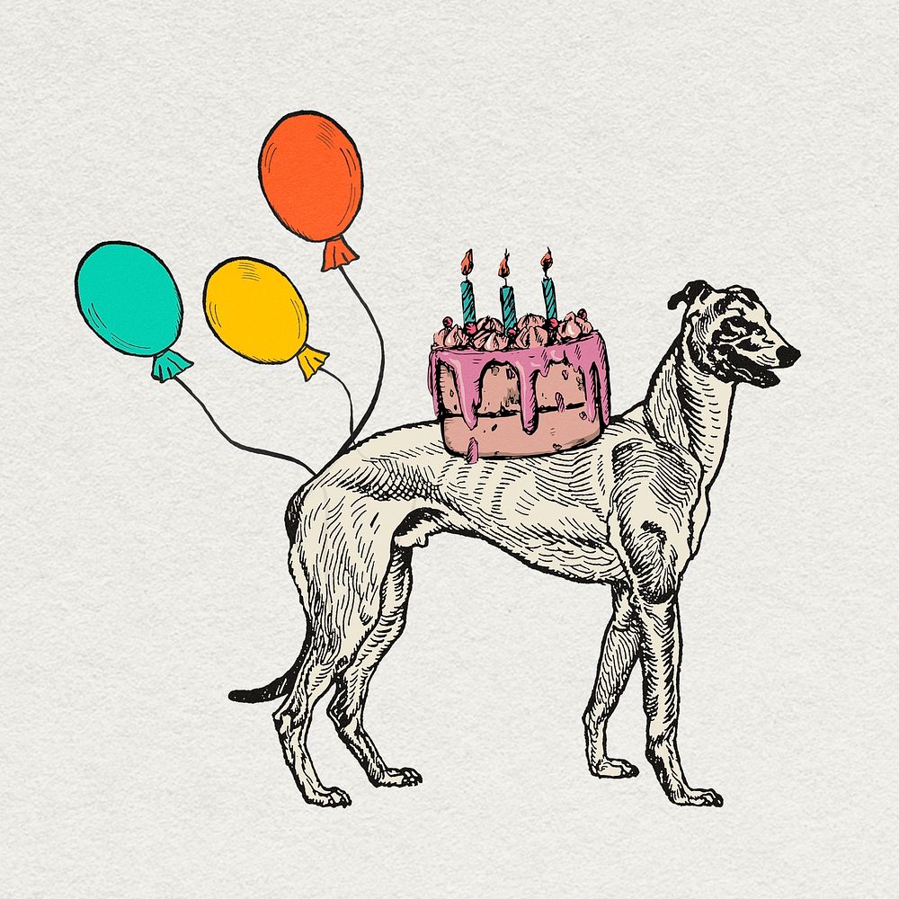 Greyhound dog graphic vintage birthday theme illustration, remixed from artworks by Moriz Jung