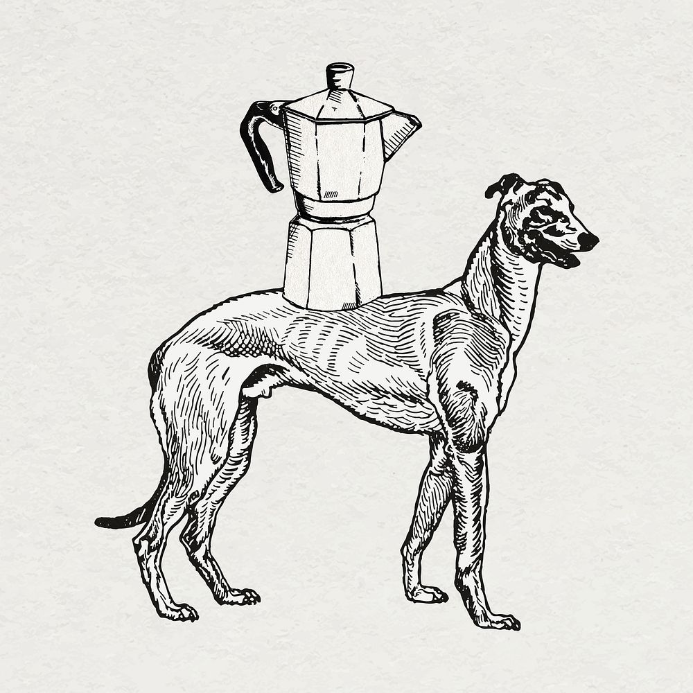 Vintage greyhound vector sticker with kettle, remixed from artworks by Moriz Jung