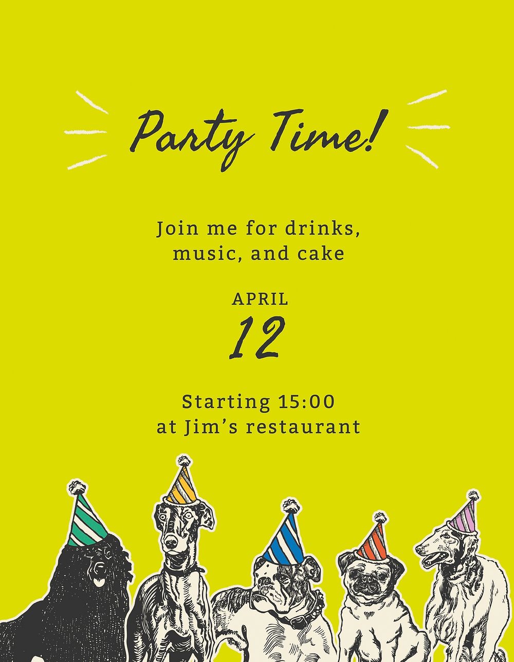 Editable party flyer template vector with quote, Party time, remixed from artworks by Moriz Jung