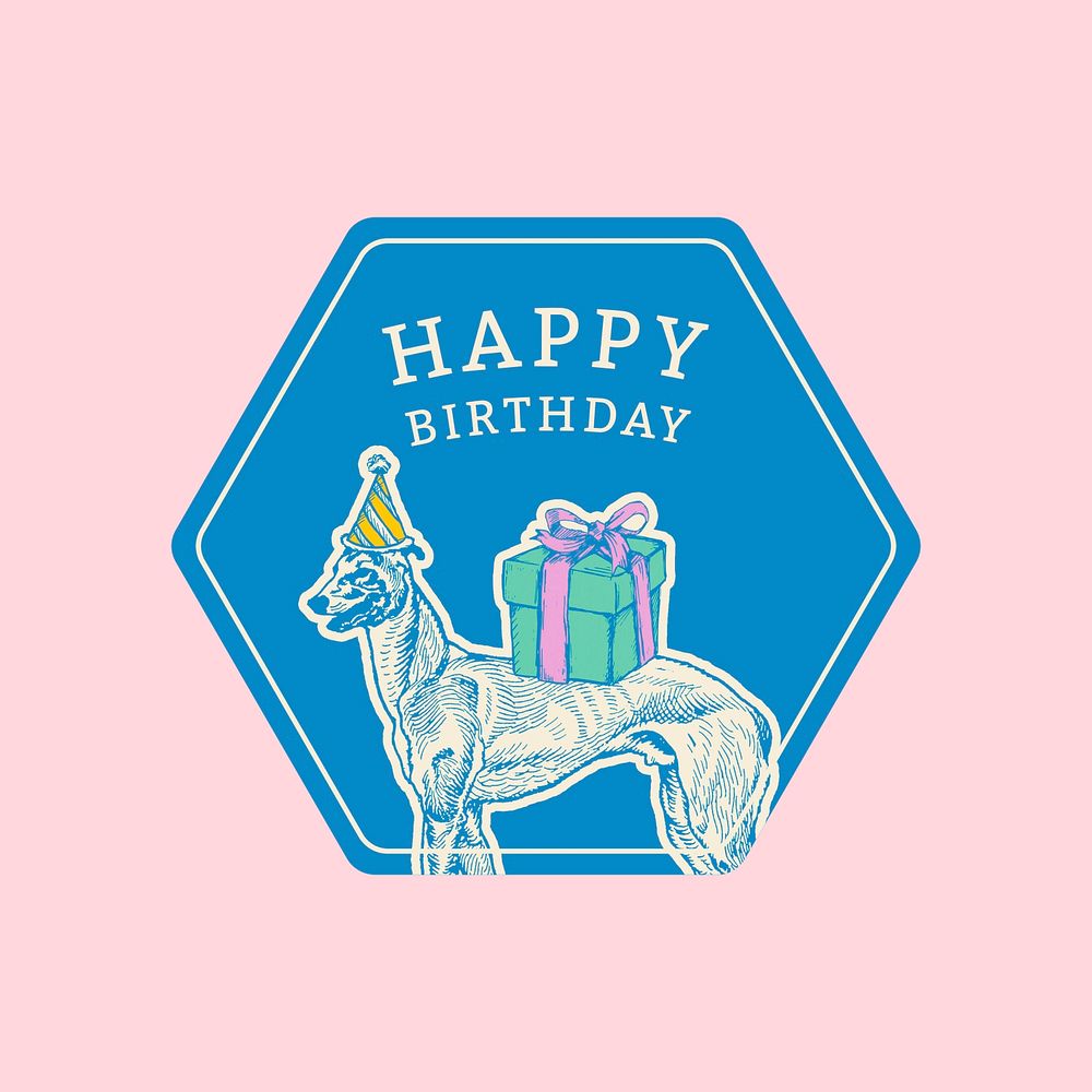 Birthday party badge hexagon with vintage dog illustration, remixed from artworks by Moriz Jung