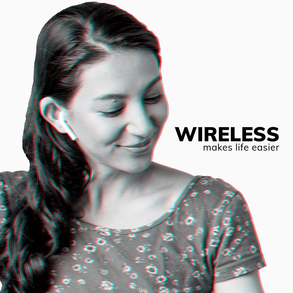 Woman wearing wireless earphones vector social media template with editable text in double color exposure effect