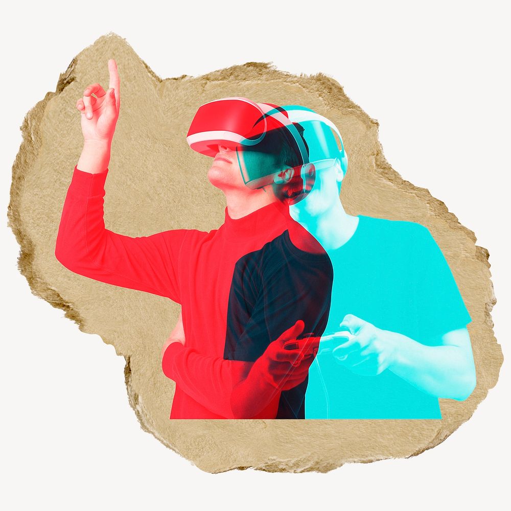 Man wearing VR, ripped paper collage element