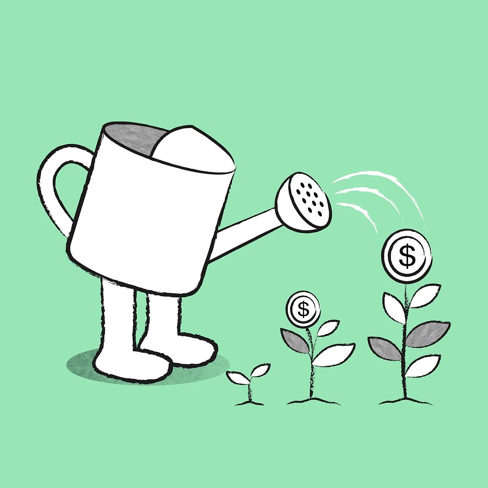 Cute watering can vector doodle green illustration for business growth