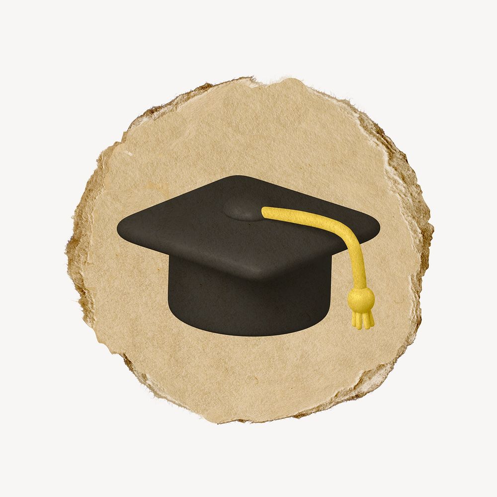 Graduation cap, education icon sticker, ripped paper badge psd
