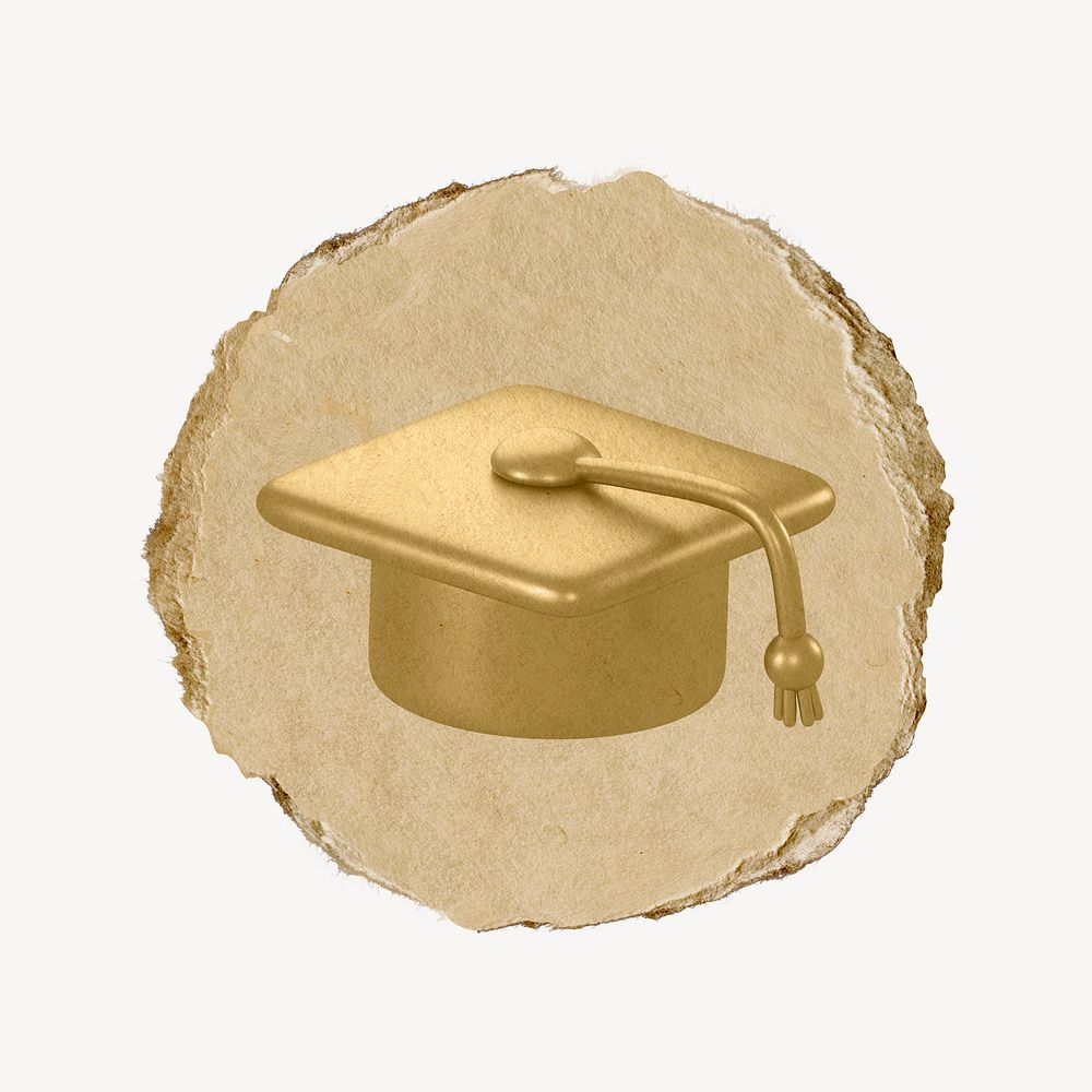 Gold graduation cap icon, ripped paper badge
