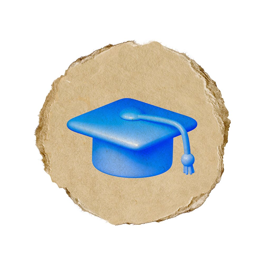 Graduation cap icon, ripped paper badge