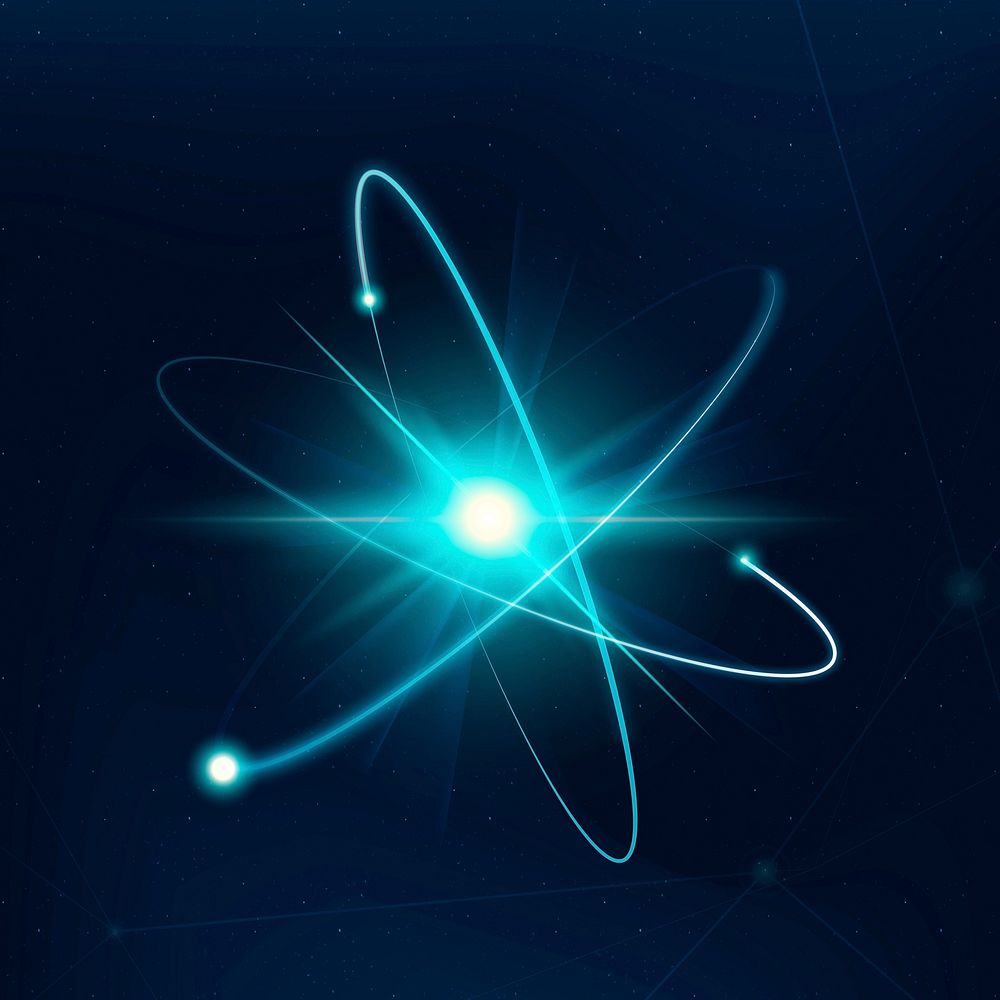 Atom science biotechnology blue vector neon graphic