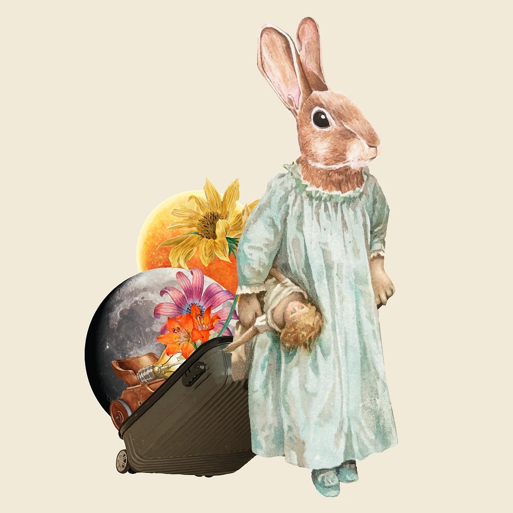 Collage vintage rabbit illustration vector, printable collage mixed media art