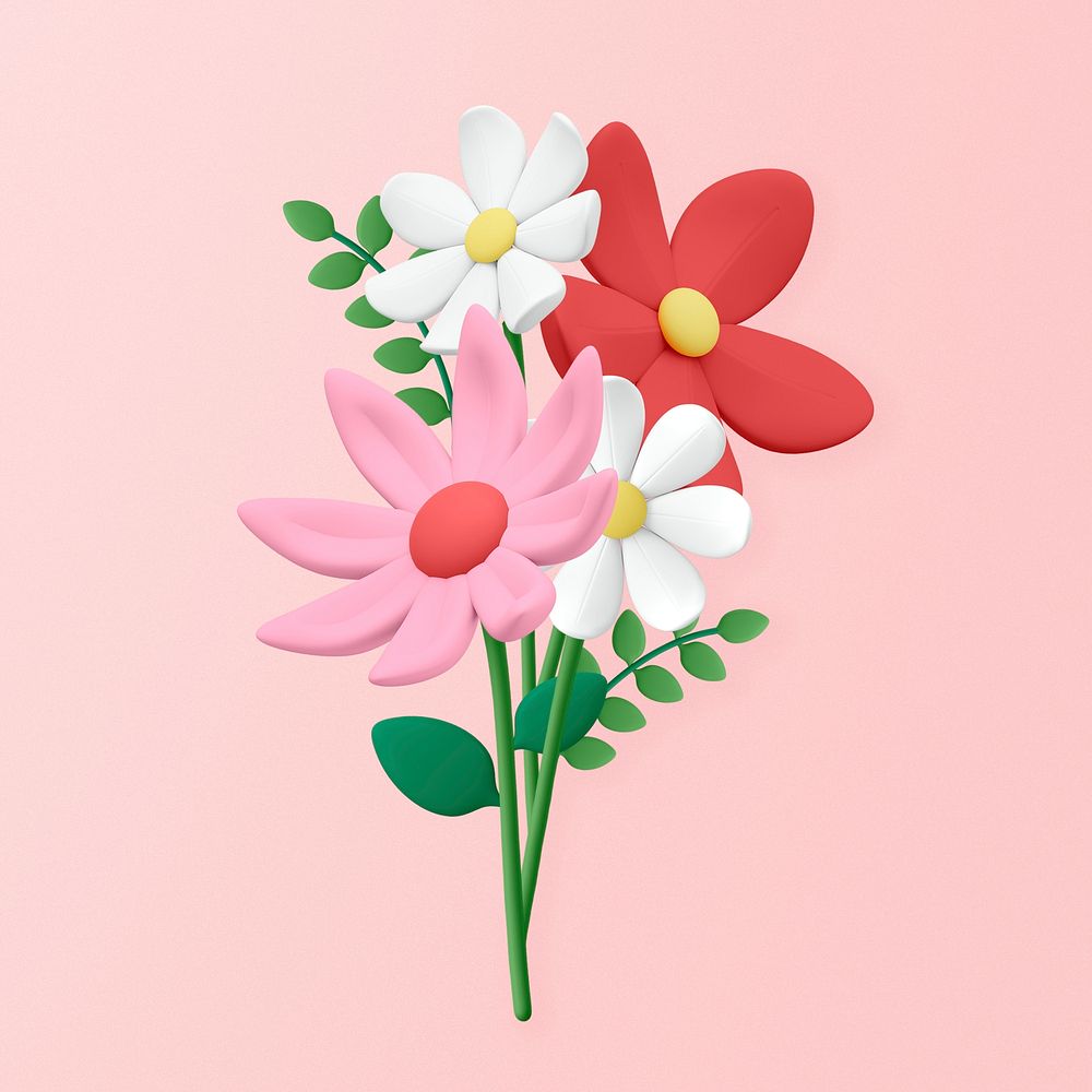 Flower bouquet 3D sticker, colorful botanical illustration psd