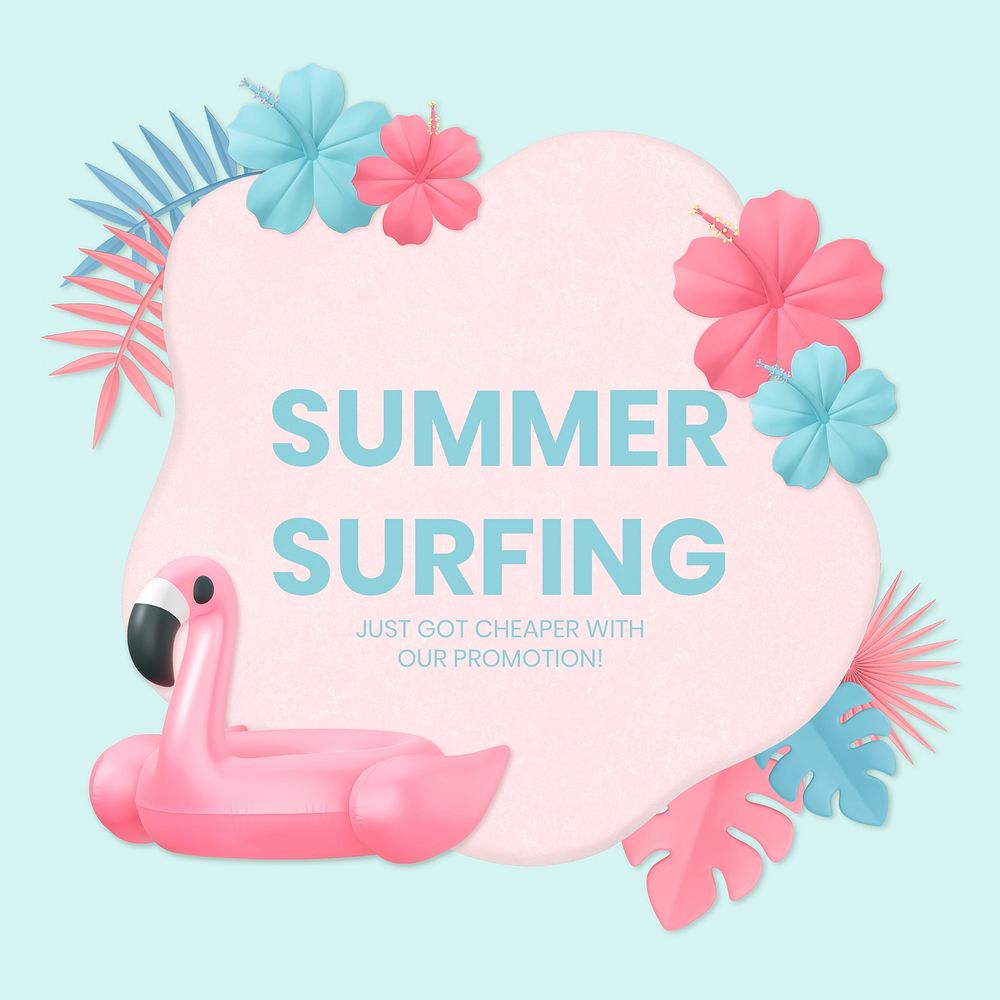 3D summer frame, pastel flowers with summer surfing word psd