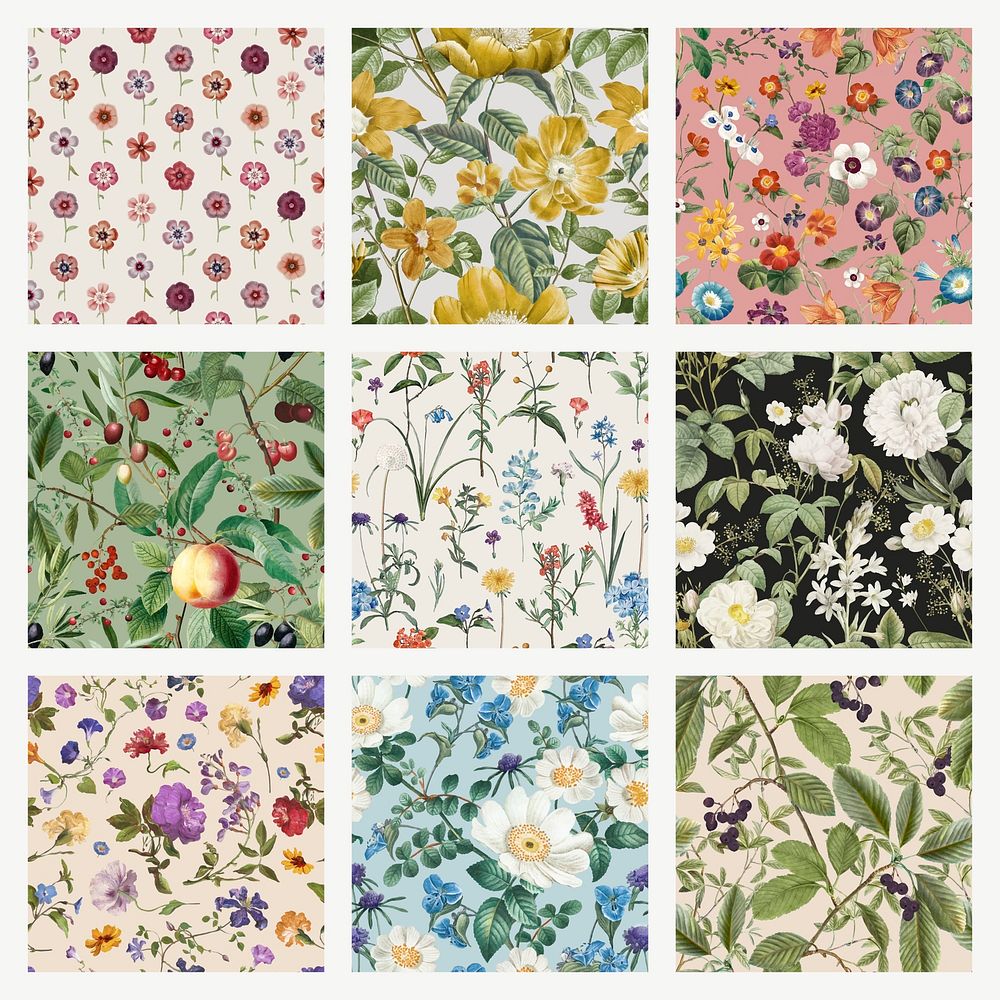 Botanical seamless patterns, vintage floral background set vector, remixed from original artworks by Pierre Joseph…