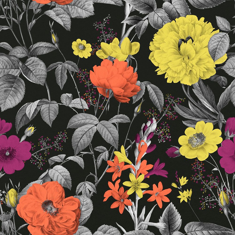 Flower seamless pattern, retro black background psd, remixed from original artworks by Pierre Joseph Redout&eacute;