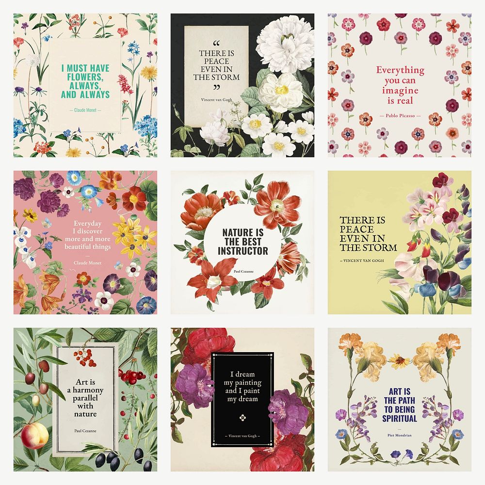 Flower quote Instagram post templates set vector, remixed from original artworks by Pierre Joseph Redout&eacute;