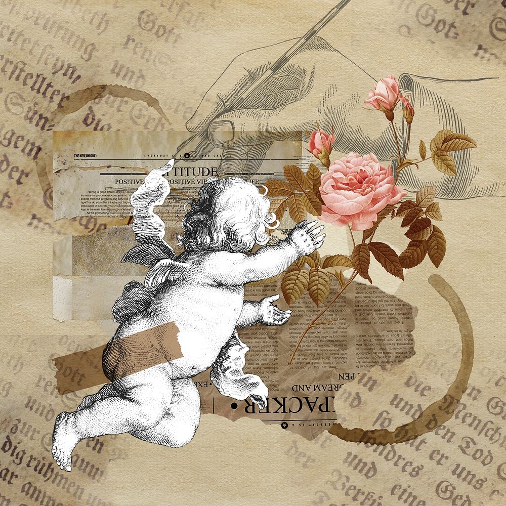 Vintage aesthetic ephemera collage, mixed media background featuring cherub and flower