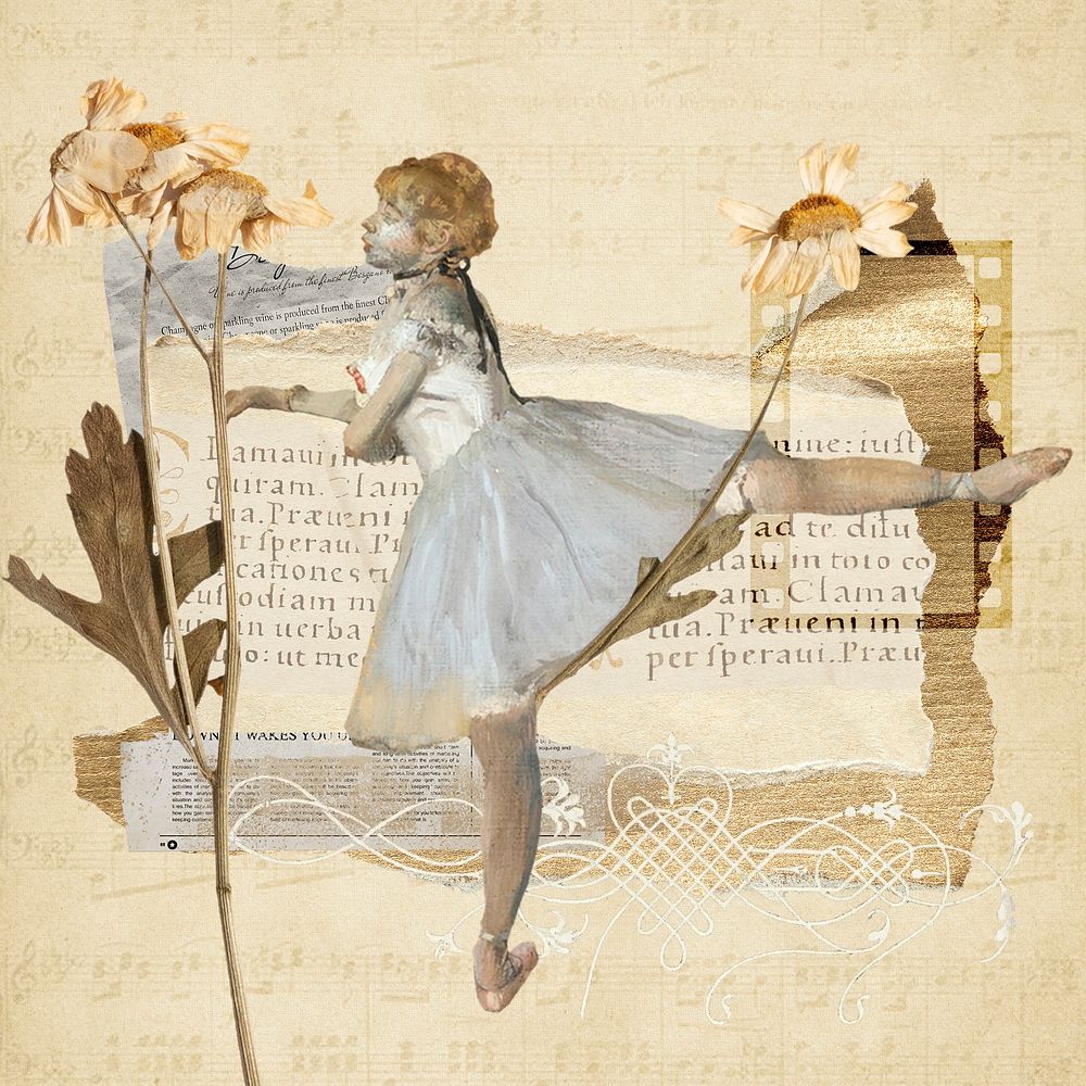 Vintage aesthetic ephemera collage, mixed media background featuring ballerina and flower