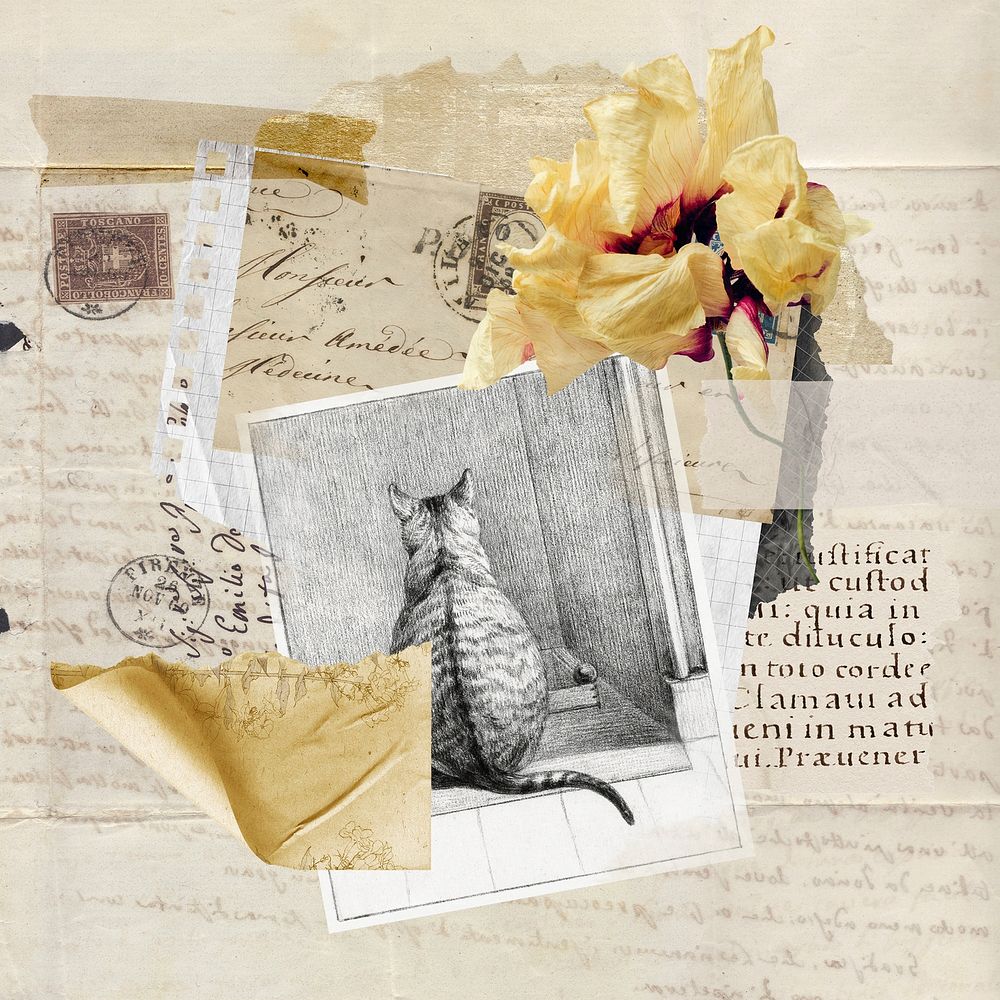Vintage aesthetic ephemera collage, mixed media background featuring cat and flower