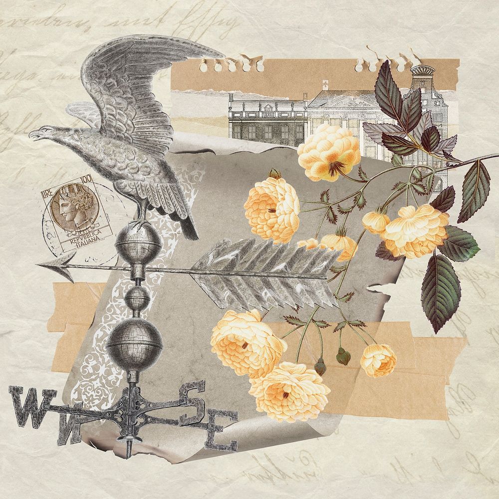 Vintage aesthetic ephemera collage, mixed media background featuring rose and wind vane
