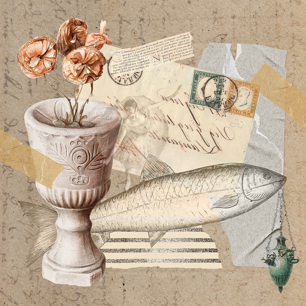 Vintage aesthetic ephemera collage, mixed media background featuring fish and flower
