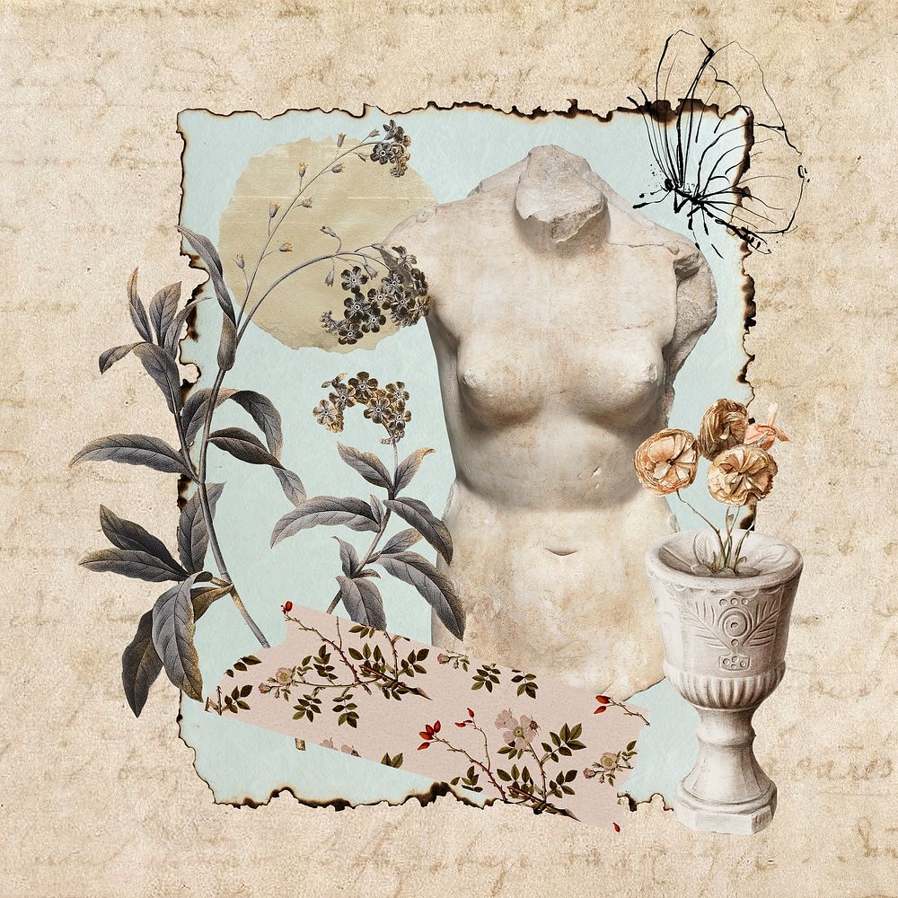 Vintage aesthetic ephemera collage, mixed media background featuring Greek statue and flower