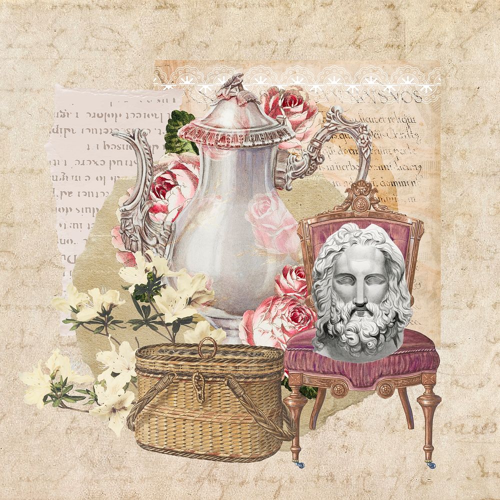 Vintage aesthetic ephemera collage, mixed media background featuring teapot and Greek statue head