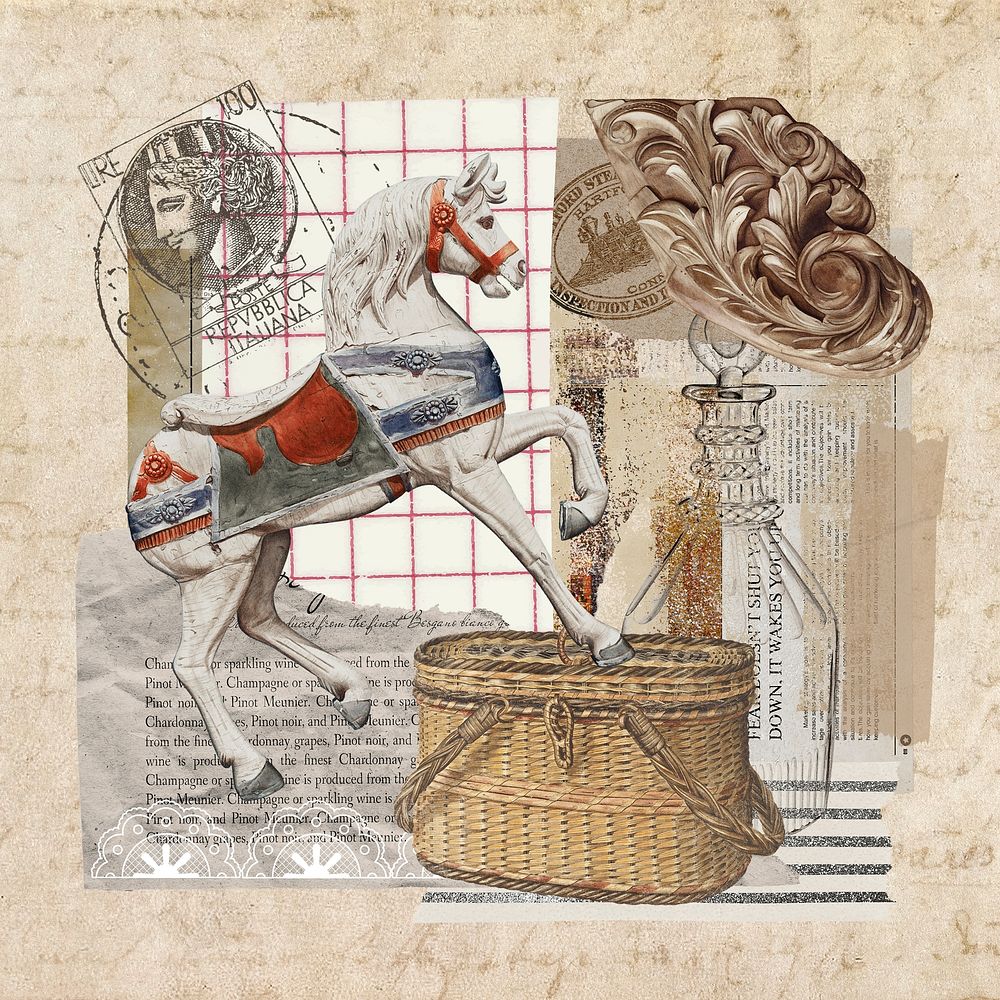 Vintage aesthetic ephemera collage, mixed media background featuring horse and basket