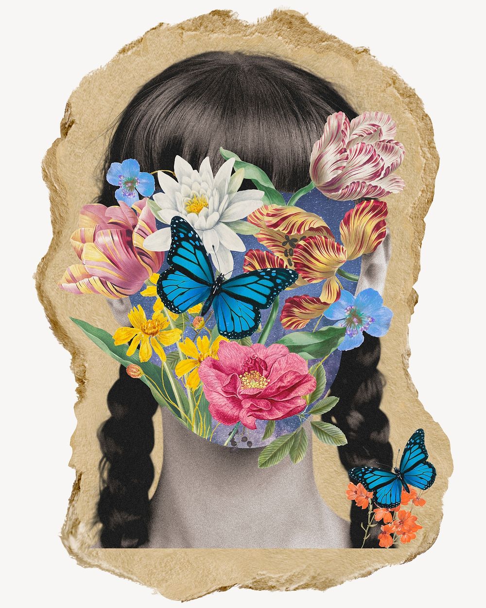 Surreal floral woman, ripped paper collage element