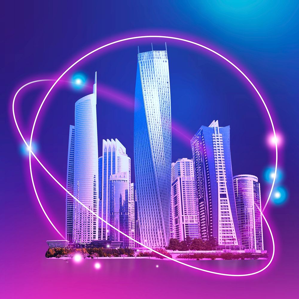 Online business connection, city skyline background
