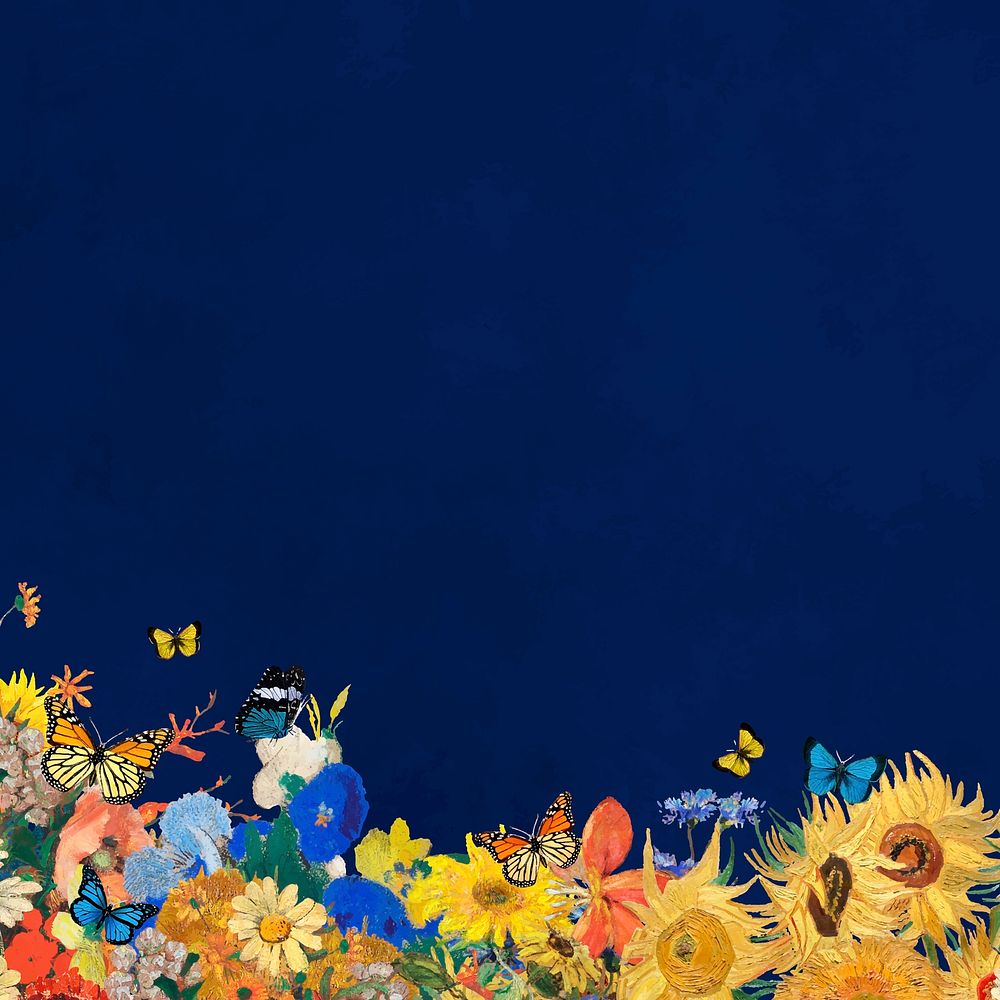 Sunflower blue border background, Van Gogh's artwork remixed by rawpixel vector