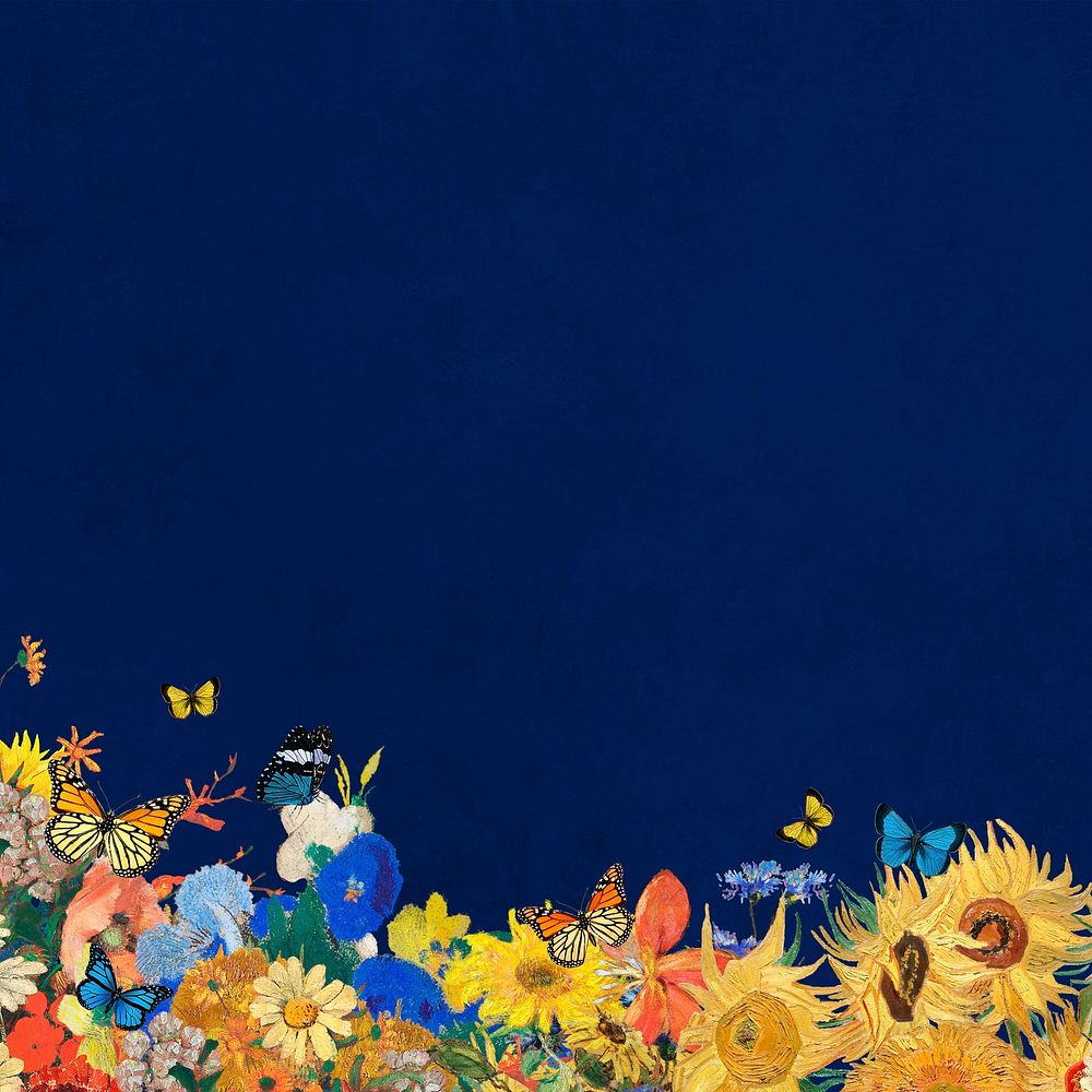 Sunflower blue border background, Van Gogh's artwork remixed by rawpixel